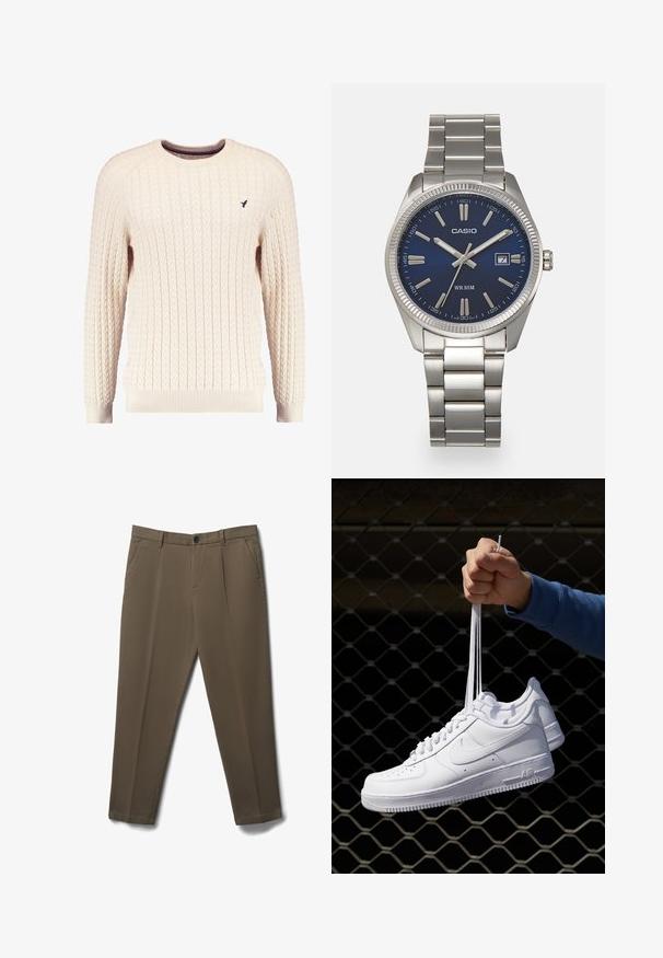 Maglione crema a trama cable con maniche lunghe e colletto tondo. Presenta polsini e orlo a costine, con un piccolo logo ricamato sul petto.; Pantaloni slim-fit marroni con tasche frontali, passanti per cintura, chiusura con bottone e dettaglio di piega centrale.; Sneakers in pelle bianca con perforazioni, punta rotonda, suola piatta e lacci spessi, con logo swoosh visibile e "AIR" sul tallone.; Orologio da polso in acciaio inossidabile argento con quadrante blu navy, indici metallici e finestra della data alle 3. Resistente all'acqua fino a 50 metri.