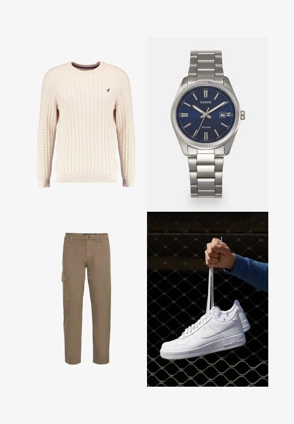 Cream cable-knit sweater with long sleeves and a crew neckline. Features ribbed cuffs and hem, with a small embroidered logo on the chest.; Cargo pants in muted brown cotton. Features a button closure, side pocket, straight legs, and a smooth texture. Suitable for casual wear.; White leather sneakers with perforations, round toe, flat sole, and thick laces, featuring a visible swoosh logo and "AIR" on the heel.; Silver stainless steel wristwatch with a navy blue dial, metallic hour markers, and a date window at 3 o'clock. Water-resistant to 50 meters.