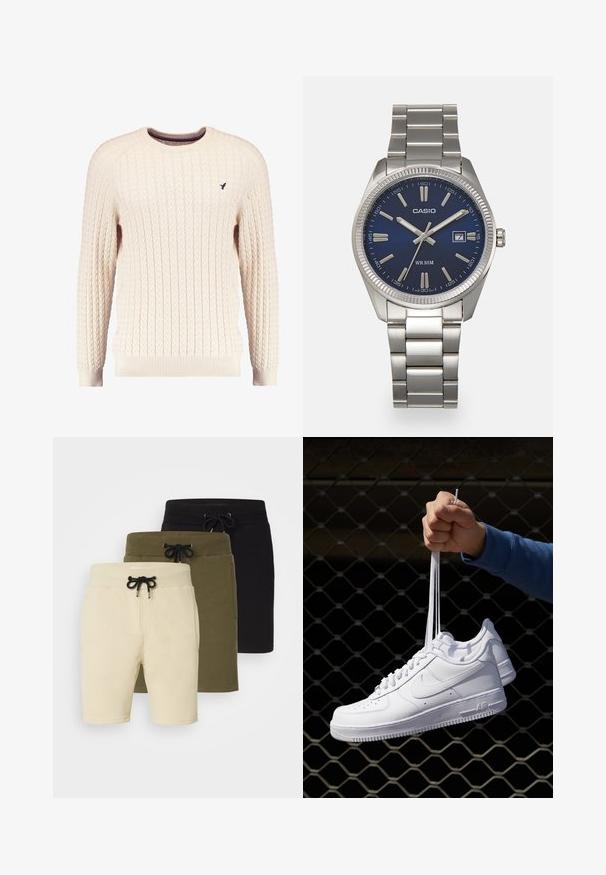 Tejkrém színű kötött pulóver hosszú ujjal és kerek nyakkivágással. Elnyújtott mandzsetták és szegély, az elején egy kis hímzett logóval.; Három rövidnadrág bézs, olajzöld és fekete színben. Mindegyik húzózsinórral ellátott derékrésszel és zsebekkel rendelkezik, puha, rugalmas anyagból készült.; Fehér bőr sportcipők perforációval, kerek orral, lapos talppal és vastag fűzőkkel, látható swoosh logóval és "AIR" felirattal a sarokrészen.; Ezüst színű rozsdamentes acél karóránk sötétkék számlapja van, fém óraszámlálókkal és egy dátumablakkal a 3 órás pozícióban. 50 méterig vízálló.