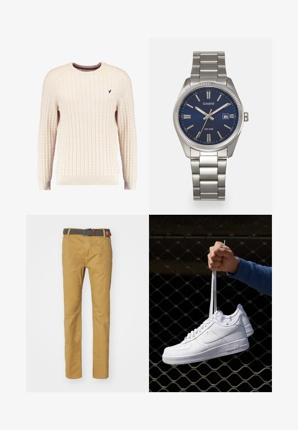 Suéter de ponto torcido em creme, com mangas longas e decote redondo. Apresenta punhos e bainha canelados, com um pequeno logótipo bordado no peito.; Chinos cáqui com um corte slim, em material de algodão, apresentando um cinto texto em cinza e preto entrelaçado com detalhes em couro castanho.; Sapatilhas de couro branco com perfurações, biqueira redonda, sola plana e atacadores grossos, apresentando um logotipo swoosh visível e "AIR" no calcanhar.; Relógio de pulso em aço inoxidável prateado com um mostrador azul-marinho, marcadores de horas metálicos e uma janela de data às 3 horas. À prova de água até 50 metros.