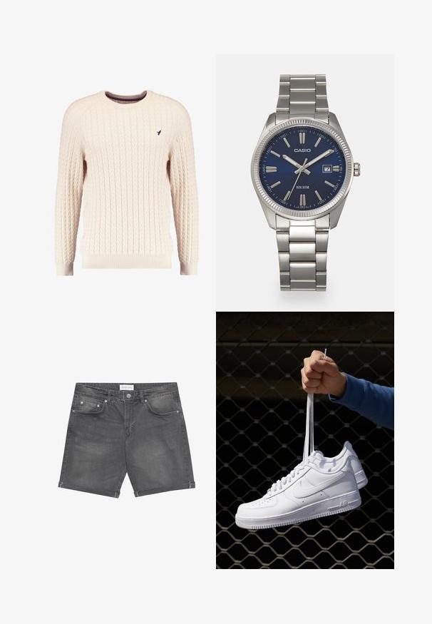Krémový sveter s káblovým pletením, dlhé rukávy a okrúhly výstrih. Obsahuje rebrované manžety a lem, s malým vyšitým logom na hrudi.; Tmavohnedé riflové šortky s klasickým dizajnom piatich vreciek, zvinutými okrajmi a kovovými gombíkmi. Hladká textúra s jemným vyblednutím.; Biele kožené tenisky s perforáciami, okrúhlou špičkou, plochou podrážkou a hrubými šnúrkami, pričom majú viditeľné logo swoosh a nápis "AIR" na päte.; Strieborné nerezové hodinky s modrým ciferníkom, kovovými hodinovými značkami a dátumovým oknom na 3. hodine. Vodotesné do hĺbky 50 metrov.