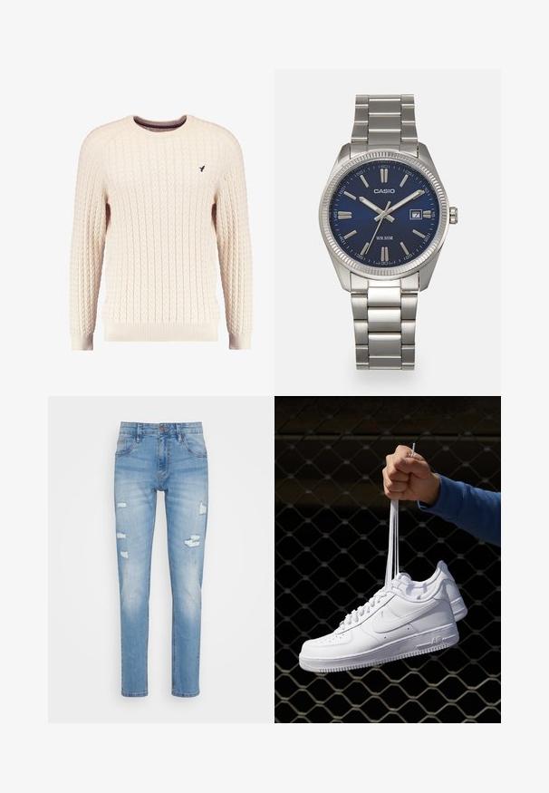 Suéter crema de punto trenzado con mangas largas y escote redondo. Presenta puños y dobladillo acanalados, con un pequeño logo bordado en el pecho.; Jeans de mezclilla azul claro con un diseño ajustado, que presentan parches desgastados y un ligero desvanecimiento. Estilo clásico de cinco bolsillos y cierre de botón.; Zapatillas de cuero blanco con perforaciones, punta redonda, suela plana y cordones gruesos, con un logo de swoosh visible y "AIR" en el talón.; Reloj de pulsera de acero inoxidable plateado con una esfera azul marina, marcadores horarios metálicos y una ventana de fecha a las 3 en punto. Resistente al agua hasta 50 metros.