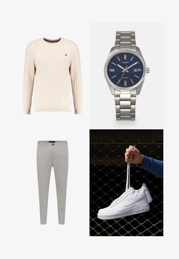 Tejkrém színű kötött pulóver hosszú ujjal és kerek nyakkivágással. Elnyújtott mandzsetták és szegély, az elején egy kis hímzett logóval.; Világosszürke, szabott nadrág, texturált anyagból, gombos záródással, oldalsó zsebekkel és slim fit kialakítással.; Fehér bőr sportcipők perforációval, kerek orral, lapos talppal és vastag fűzőkkel, látható swoosh logóval és "AIR" felirattal a sarokrészen.; Ezüst színű rozsdamentes acél karóránk sötétkék számlapja van, fém óraszámlálókkal és egy dátumablakkal a 3 órás pozícióban. 50 méterig vízálló.