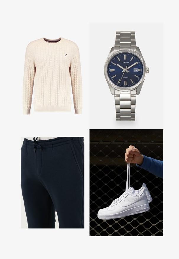 Krémový sveter s káblovým pletením, dlhé rukávy a okrúhly výstrih. Obsahuje rebrované manžety a lem, s malým vyšitým logom na hrudi.; Tmavomodré teplákové nohavice vyrobené z jemnej látky, s elastickým pásom so šnúrkou, bočnými vreckami a zúženým strihom nohavíc.; Biele kožené tenisky s perforáciami, okrúhlou špičkou, plochou podrážkou a hrubými šnúrkami, pričom majú viditeľné logo swoosh a nápis "AIR" na päte.; Strieborné nerezové hodinky s modrým ciferníkom, kovovými hodinovými značkami a dátumovým oknom na 3. hodine. Vodotesné do hĺbky 50 metrov.