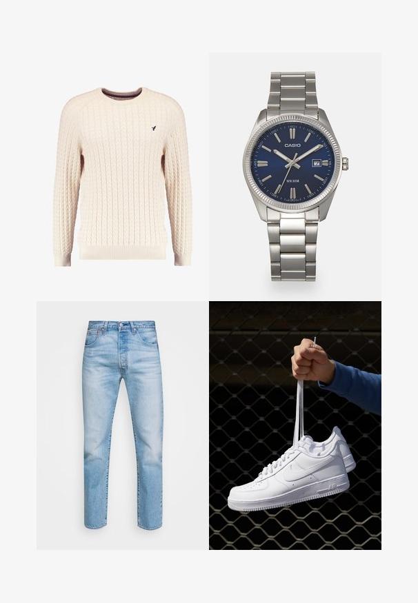 Krémový svetr s kabelovým pletením, dlouhými rukávy a kulatým výstřihem. Obsahuje pružné manžety a spodní lem, s malou vyšitou nášivkou na hrudi.; Světle modré denimové džíny s rovnými nohavicemi, designem pěti kapes, zapínáním na knoflík a jemnými vzory na látce připomínajícími odřeniny.; Bílé kožené tenisky s perforacemi, kulatou špičkou, plochou podrážkou a silnými tkaničkami, které mají viditelné logo swoosh a nápis "AIR" na patě.; Stříbrný nerezový náramkový hodinky s navy modrým ciferníkem, kovovými hodinovými značkami a oknem pro datum na hodině 3. Vodotěsné do 50 metrů.