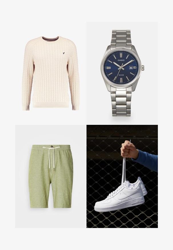 Cremfarbener Kabelle-Strickpullover mit langen Ärmeln und Rundhalsausschnitt. Mit gerippten Bündchen und Saum sowie einem kleinen gestickten Logo auf der Brust.; Hellgrüne Shorts aus einer Baumwollmischung mit einem elastischen Bund und Kordelzug mit Metallenden, kurzer Länge und ohne Taschen.; Weiße Leder-Sneaker mit Perforationen, runder Zehenpartie, flacher Sohle und dicken Schnürsenkeln, mit sichtbar eingesticktem Swoosh-Logo und "AIR" an der Ferse.; Silberner Armbanduhr aus Edelstahl mit einem dunkelblauen Zifferblatt, metallischen Stundenmarkierungen und einem Datumsfenster bei 3 Uhr. Wasserdicht bis 50 Meter.