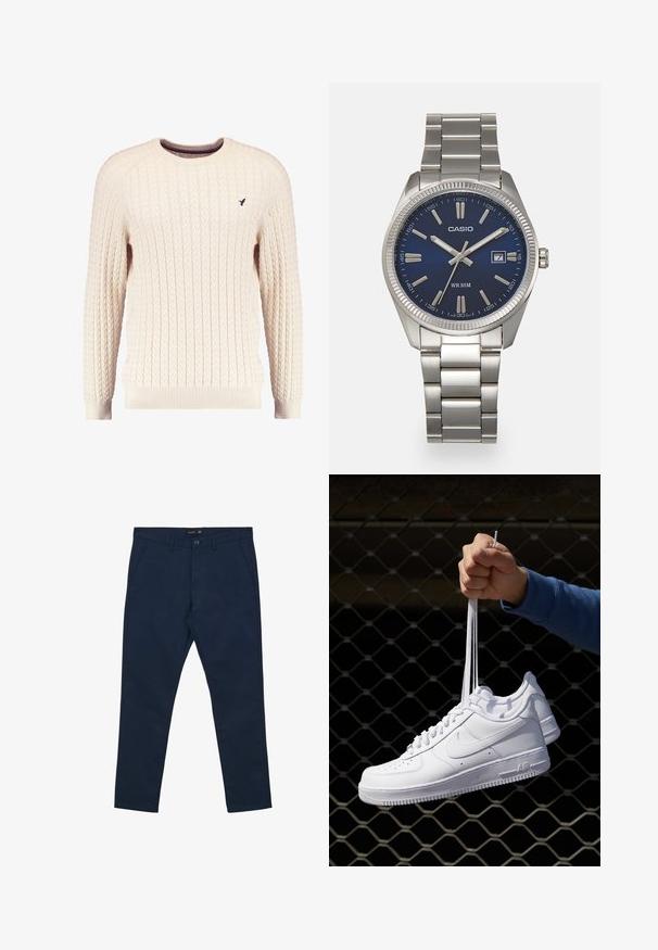 Maglione crema a trama cable con maniche lunghe e colletto tondo. Presenta polsini e orlo a costine, con un piccolo logo ricamato sul petto.; Pantaloni di cotone blu navy con chiusura a bottone, tasche frontali e design a gamba dritta. Texture liscia, senza motivi o accenti visibili.; Sneakers in pelle bianca con perforazioni, punta rotonda, suola piatta e lacci spessi, con logo swoosh visibile e "AIR" sul tallone.; Orologio da polso in acciaio inossidabile argento con quadrante blu navy, indici metallici e finestra della data alle 3. Resistente all'acqua fino a 50 metri.