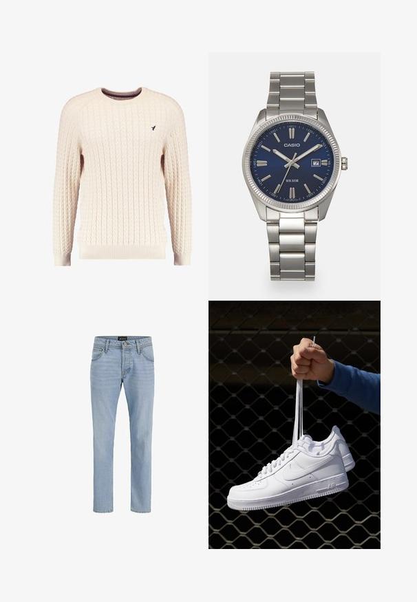 Kream pulover iz kabelskih pletenin z dolgimi rokavi in okroglo izrezom. Opremljen je z rebrastimi manšetami in robom ter s majhnim vezenim logotipom na prsih.; Svijetloplave traperice slim kroja, s pet džepova, suptilnom izblijedjelom teksturom, te metalnim hardverom na zatvaraču i kopčanju.; Bela usnjena športna obutev s perforacijami, okroglo konico, ravnim podplatom in debelimi vezalkami, z vidnim logotipom smoosh in napisom "AIR" na peti.; Srebrna nerjaveča jeklena ura z modrim številčnico, kovinskimi kazalci ter oknom za datum na 3. uri. Vodoodporna do 50 metrov.