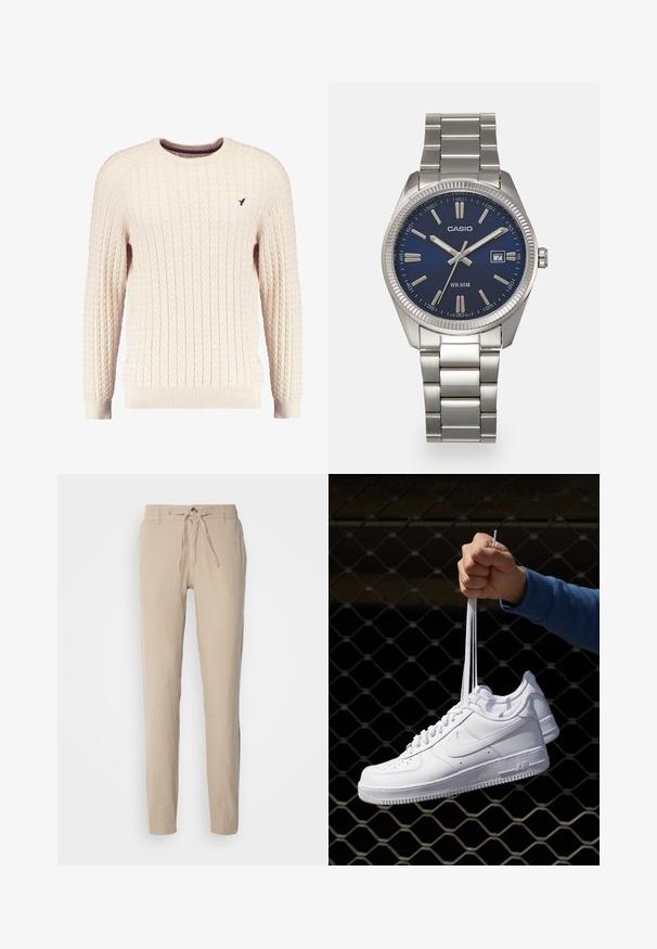 Romige kabelgebreide trui met lange mouwen en een ronde hals. Heeft ribgebreide manchetten en zoom, met een klein geborduurd logo op de borst.; Beige linnen broek met een rechte snit, elastische tailleband met trekkoord en twee zijzakken. Soepele textuur en een minimalistisch ontwerp.; Witte leren sneakers met perforaties, ronde neus, vlakke zool en dikke veters, met een zichtbare swoosh-logo en "AIR" op de hiel.; Zilveren roestvrijstalen horloge met een marineblauwe wijzerplaat, metalen uurmarkeringen en een datumnis op 3 uur. Waterbestendig tot 50 meter.