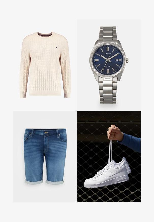 Cream cable-knit sweater with long sleeves and a crew neckline. Features ribbed cuffs and hem, with a small embroidered logo on the chest.; Denim shorts in medium blue with a slight fade, featuring a button fastening, five pockets, and rolled cuffs for a casual look.; White leather sneakers with perforations, round toe, flat sole, and thick laces, featuring a visible swoosh logo and "AIR" on the heel.; Silver stainless steel wristwatch with a navy blue dial, metallic hour markers, and a date window at 3 o'clock. Water-resistant to 50 meters.