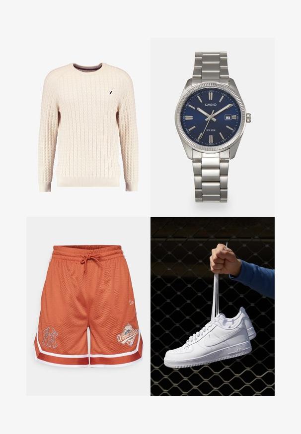 Cremfarbener Kabelle-Strickpullover mit langen Ärmeln und Rundhalsausschnitt. Mit gerippten Bündchen und Saum sowie einem kleinen gestickten Logo auf der Brust.; Orangenes Mesh-Shorts mit weißen und roten Akzenten, mit einem NY-Logo auf einem Bein und einem "World Series"-Grafik auf der gegenüberliegenden Seite.; Weiße Leder-Sneaker mit Perforationen, runder Zehenpartie, flacher Sohle und dicken Schnürsenkeln, mit sichtbar eingesticktem Swoosh-Logo und "AIR" an der Ferse.; Silberner Armbanduhr aus Edelstahl mit einem dunkelblauen Zifferblatt, metallischen Stundenmarkierungen und einem Datumsfenster bei 3 Uhr. Wasserdicht bis 50 Meter.