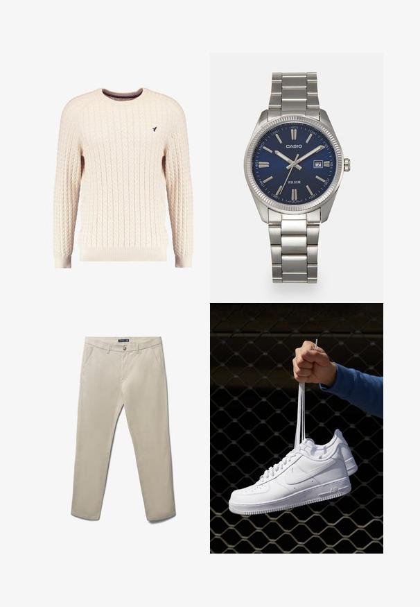 Maglione crema a trama cable con maniche lunghe e colletto tondo. Presenta polsini e orlo a costine, con un piccolo logo ricamato sul petto.; Pantaloni chino beige con frontale piatto, tasche laterali e chiusura a bottone. Realizzati in un tessuto liscio, presentano una vestibilità sartoriale.; Sneakers in pelle bianca con perforazioni, punta rotonda, suola piatta e lacci spessi, con logo swoosh visibile e "AIR" sul tallone.; Orologio da polso in acciaio inossidabile argento con quadrante blu navy, indici metallici e finestra della data alle 3. Resistente all'acqua fino a 50 metri.