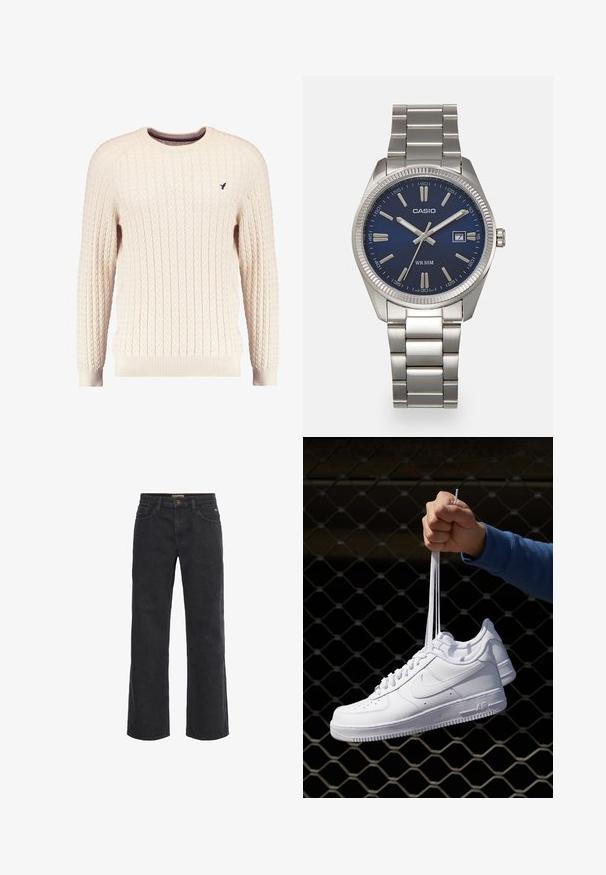 Kerman kaulusneule, jossa on pitkä hiha ja pyöreä kaula-aukko. Varustettu raidoitettuilla hihoilla ja helmalla, sekä pienellä brodeeratulla logolla rinnassa.; Mustat denimpitkät housut, joissa on nappisulkeminen, viisi taskua ja hieman haalistunut pinta. Suora leikkaus vyötäröltä helmalle.; Valkoiset nahkasneakersit, joissa on rei'ityksiä, pyöreä kärki, tasapohja ja paksut nauhat, joissa on näkyvä swoosh-logo ja "AIR" kantapäässä.; Harmaa ruostumaton teräs rannekello, jossa on tummansininen kellotaulu, metalliset tuntimerkit ja päivämääränäyttö kello 3:ssa. Vesitiivis 50 metriin asti.