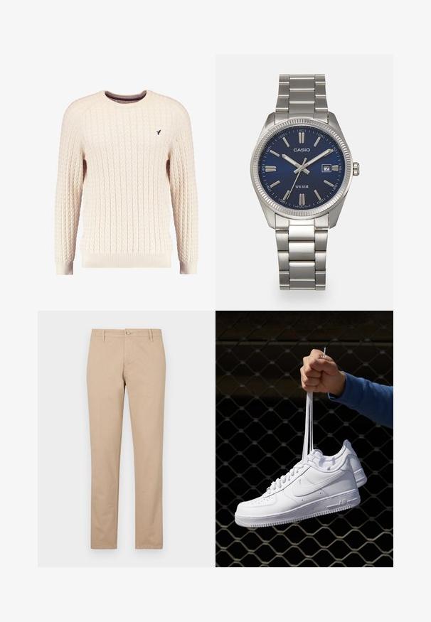 Tejkrém színű kötött pulóver hosszú ujjal és kerek nyakkivágással. Elnyújtott mandzsetták és szegély, az elején egy kis hímzett logóval.; Beige színű, egyenes szárú pamut nadrág, elöl gombos záródással, oldalsó zsebekkel és finom textúra részletekkel.; Fehér bőr sportcipők perforációval, kerek orral, lapos talppal és vastag fűzőkkel, látható swoosh logóval és "AIR" felirattal a sarokrészen.; Ezüst színű rozsdamentes acél karóránk sötétkék számlapja van, fém óraszámlálókkal és egy dátumablakkal a 3 órás pozícióban. 50 méterig vízálló.