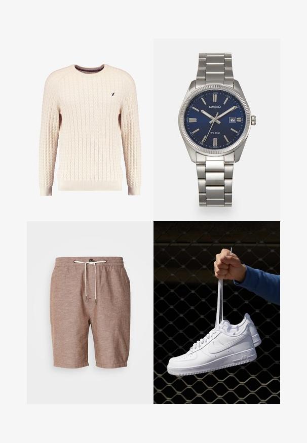 Cremefarvet kabelstrikket sweater med lange ærmer og rund hals. Har ribbede manchetter og kant, samt et lille broderet logo på brystet.; Brune linned shorts med elastisk talje, snøre lukning og optragt kant. Har subtil tekstur og minimal design.; Hvide lædersneakers med perforeringer, rund tå, flad sål og tykke snørebånd, med et synligt swoosh-logo og "AIR" på hælen.; Sølv rustfrit stål urrem med en marineblå urskive, metallic timemarkører og et datovindue kl. 3. Vandafvisende op til 50 meter.