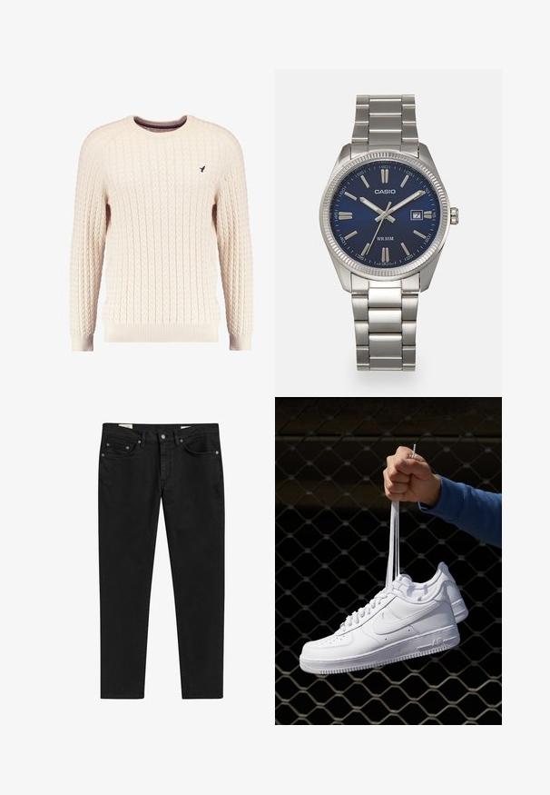 Suéter crema de punto trenzado con mangas largas y escote redondo. Presenta puños y dobladillo acanalados, con un pequeño logo bordado en el pecho.; Jeans de mezclilla negra de corte slim, con cinco bolsillos, herrajes de metal y detalles de costura sutiles. Textura suave, diseño de pierna recta.; Zapatillas de cuero blanco con perforaciones, punta redonda, suela plana y cordones gruesos, con un logo de swoosh visible y "AIR" en el talón.; Reloj de pulsera de acero inoxidable plateado con una esfera azul marina, marcadores horarios metálicos y una ventana de fecha a las 3 en punto. Resistente al agua hasta 50 metros.