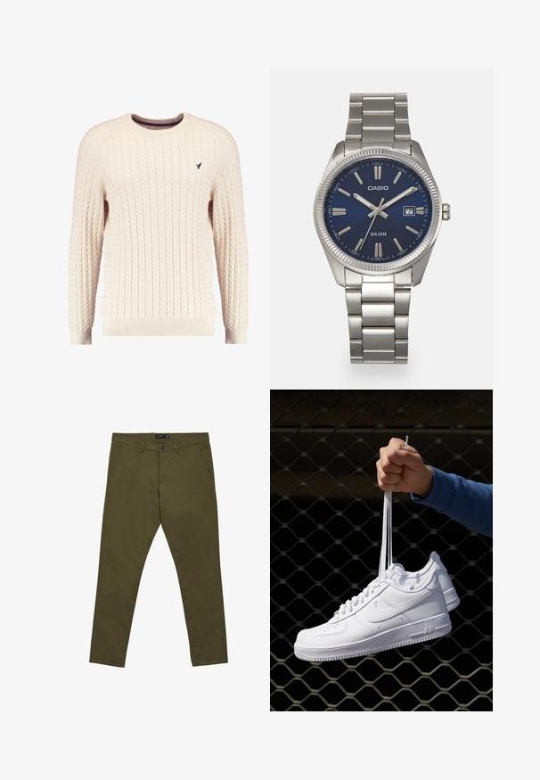 Cremfarbener Kabelle-Strickpullover mit langen Ärmeln und Rundhalsausschnitt. Mit gerippten Bündchen und Saum sowie einem kleinen gestickten Logo auf der Brust.; Calliope SLIM - Chino - verde; Weiße Leder-Sneaker mit Perforationen, runder Zehenpartie, flacher Sohle und dicken Schnürsenkeln, mit sichtbar eingesticktem Swoosh-Logo und "AIR" an der Ferse.; Silberner Armbanduhr aus Edelstahl mit einem dunkelblauen Zifferblatt, metallischen Stundenmarkierungen und einem Datumsfenster bei 3 Uhr. Wasserdicht bis 50 Meter.
