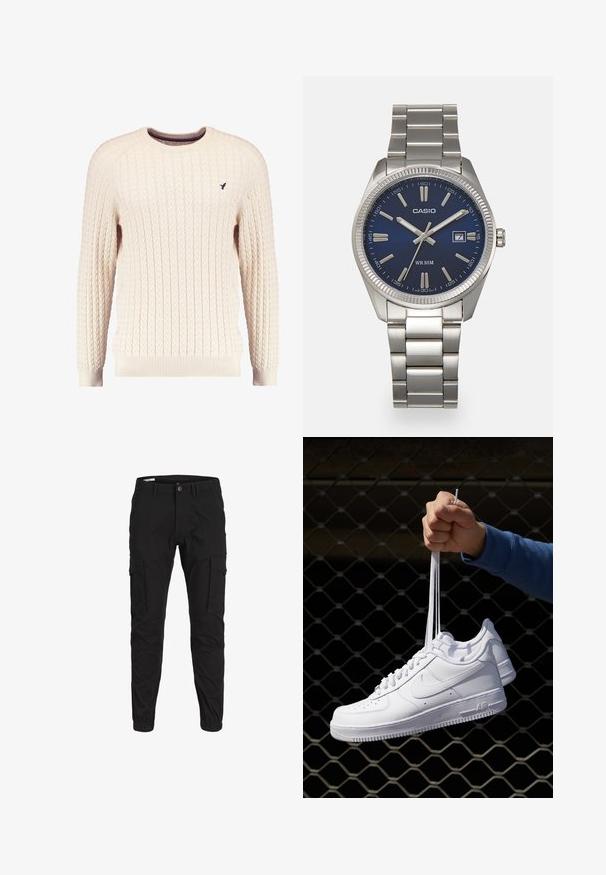 Pull en maille torsadée crème avec manches longues et col ras du cou. Présente des poignets et un ourlet côtelés, avec un petit logo brodé sur la poitrine.; Pantalons cargo noirs en tissu doux. Comprend plusieurs poches latérales, un poignet ajusté et une fermeture à bouton classique.; Baskets en cuir blanc avec perforations, à bout rond, semelle plate et lacets épais, arborant un logo swoosh visible et "AIR" sur le talon.; Montre-bracelet en acier inoxydable argenté avec un cadran bleu marine, des index métalliques et un affichage de la date à 3 heures. Résistante à l'eau jusqu'à 50 mètres.