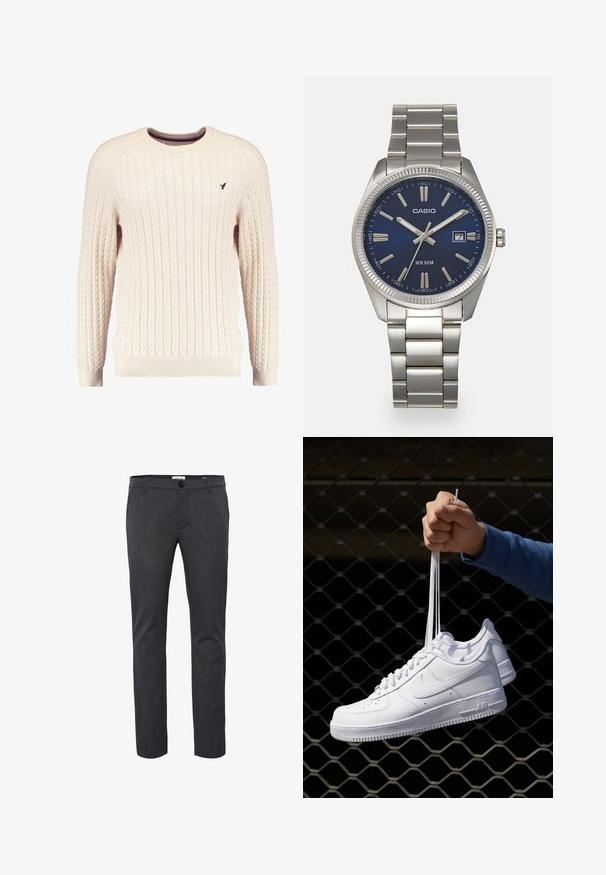 Krémový sveter s káblovým pletením, dlhé rukávy a okrúhly výstrih. Obsahuje rebrované manžety a lem, s malým vyšitým logom na hrudi.; Tmavo šedé slim-fit nohavice vyrobené z textúrovaného materiálu, s zapínaním na gombík, pútkami na opasok a bočnými vreckami pre praktické využitie.; Biele kožené tenisky s perforáciami, okrúhlou špičkou, plochou podrážkou a hrubými šnúrkami, pričom majú viditeľné logo swoosh a nápis "AIR" na päte.; Strieborné nerezové hodinky s modrým ciferníkom, kovovými hodinovými značkami a dátumovým oknom na 3. hodine. Vodotesné do hĺbky 50 metrov.