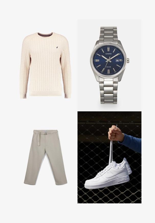 Maglione crema a trama cable con maniche lunghe e colletto tondo. Presenta polsini e orlo a costine, con un piccolo logo ricamato sul petto.; Pantaloni in cotone beige con design a gamba dritta, vita con cintura e punta, e due tasche laterali. Texture liscia, dettagli minimi.; Sneakers in pelle bianca con perforazioni, punta rotonda, suola piatta e lacci spessi, con logo swoosh visibile e "AIR" sul tallone.; Orologio da polso in acciaio inossidabile argento con quadrante blu navy, indici metallici e finestra della data alle 3. Resistente all'acqua fino a 50 metri.