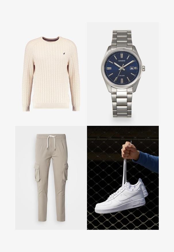 Kremowy sweter w splot kabelkowy z długimi rękawami i okrągłym dekoltem. Posiada ściągacze na mankietach i u dołu, a na piersi znajduje się małe wyszywane logo.; Beżowe spodnie cargo z elastycznym pasem, z przodu zaciągane sznurkiem, z bocznymi kieszeniami oraz panelami na kolanach. Zawierają dwie duże boczne kieszenie cargo.; Białe skórzane sneakersy z perforacjami, okrągłym noskiem, płaską podeszwą i grubymi sznurówkami, z widocznym logo swoosh i napisem „AIR” na pięcie.; Srebrny zegarek na stalowej bransolecie z niebieską tarczą, metalowymi indeksami godzinowymi oraz okienkiem daty na godzinie 3. Wodoodporny do 50 metrów.
