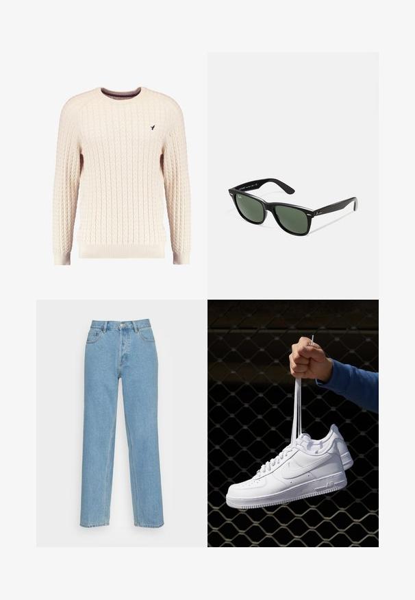 Κρεμ πουλόβερ με χοντρή πλέξη και μακριά μανίκια, με στρογγυλή λαιμόκοψη. Διαθέτει ριγωτές μανσέτες και στρίφωμα, με ένα μικρό κεντητό λογότυπο στο στήθος.; Ανοιχτού μπλε χαλαρές τζιν παντελόνες από denim, με κλασικό σχέδιο πέντε τσαντών, μπροστινή κλείσιμο με κουμπί και ορατές λεπτομέρειες ραφής.; Λευκά δερμάτινα αθλητικά παπούτσια με διάτρητο σχέδιο, στρογγυλή μύτη, επίπεδη σόλα και χοντρές κορδόνες, με εμφάνιση του λογότυπου swoosh και την ένδειξη "AIR" στη φτέρνα.; Μαύρα πλαστικά γυαλιά ηλίου με πράσινους φακούς, τετράγωνα σκελετά, ασημένια λεπτομέρεια στη ράχη και υφασμένες βραχίονες. Δηλωμένη μάρκα στον εσωτερικό βραχίονα.; Ασημένιο ρολόι χειρός από ανοξείδωτο ατσάλι με ναυτικό μπλε καντράν, μεταλλικούς δείκτες ωρών και παράθυρο ημερομηνίας στις 3 η ώρα. Αδιάβροχο έως 50 μέτρα.