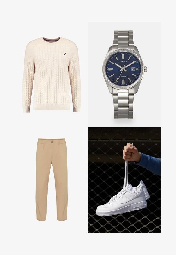 Cream cable-knit sweater with long sleeves and a crew neckline. Features ribbed cuffs and hem, with a small embroidered logo on the chest.; Beige trousers with a smooth fabric texture, featuring a button closure and two front pleats. Straight-leg design with pockets.; White leather sneakers with perforations, round toe, flat sole, and thick laces, featuring a visible swoosh logo and "AIR" on the heel.; Silver stainless steel wristwatch with a navy blue dial, metallic hour markers, and a date window at 3 o'clock. Water-resistant to 50 meters.