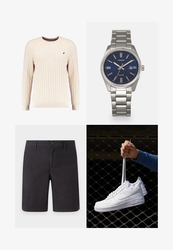 Romige kabelgebreide trui met lange mouwen en een ronde hals. Heeft ribgebreide manchetten en zoom, met een klein geborduurd logo op de borst.; Donkergrijze shorts van geweven stof, met een knoopsluiting, riemlussen en een recht gesneden ontwerp, met schone zoomrand en zijzakken.; Witte leren sneakers met perforaties, ronde neus, vlakke zool en dikke veters, met een zichtbare swoosh-logo en "AIR" op de hiel.; Zilveren roestvrijstalen horloge met een marineblauwe wijzerplaat, metalen uurmarkeringen en een datumnis op 3 uur. Waterbestendig tot 50 meter.