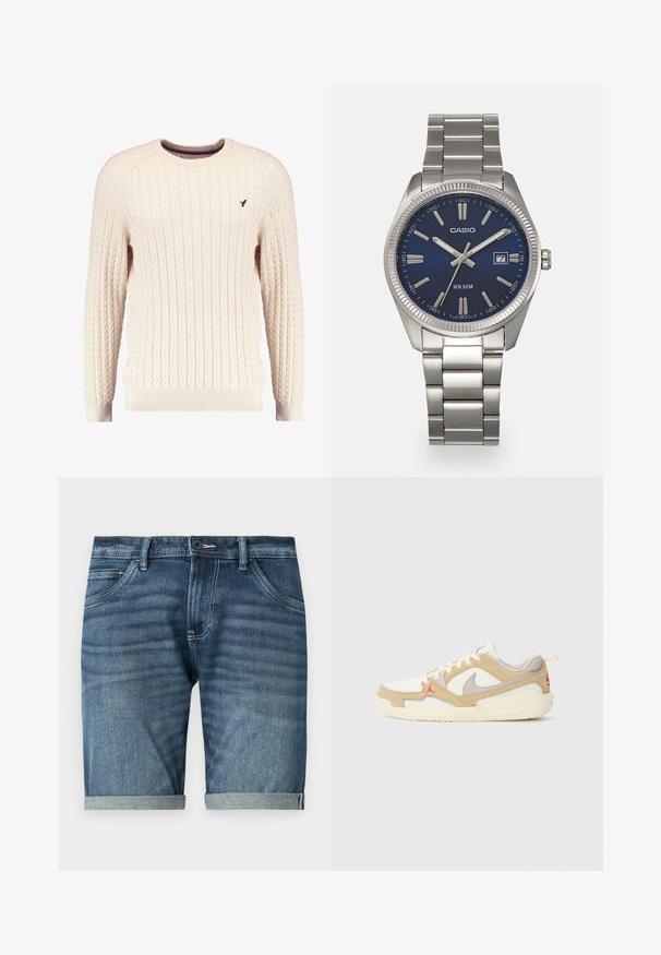 Krem pleteni pulover s dugim rukavima i okruglim izrezom. Ima rebraste manžete i donji rub, s malim izvezenim logom na prsima.; Traper šorts u tamnoplavoj boji s blagim izblijedjelim efektom. Imaju prevrnute rubove, dizajn s pet džepova i prednje zatvaranje na gumb.; Bijele i bež tenisice s mrežastim i antilop panelima, sivi akcenti, crveni logo i narančasti držač. Dizajn s okruglim prstom i podstavljenim potplatom.; Srebrni sat od nehrđajućeg čelika s tamnoplavim brojčanikom, metalnim oznakama sati i prozorom za datum na 3 sata. Vodootporan do 50 metara.