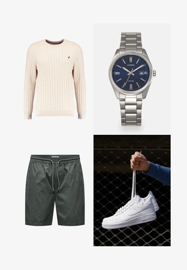 Krem pleteni pulover s dugim rukavima i okruglim izrezom. Ima rebraste manžete i donji rub, s malim izvezenim logom na prsima.; Zelene kratke hlače od laganog materijala s elastičnim pojasom i vezicom, koje imaju glatku teksturu i jednostavan dizajn.; Bijele kožne tenisice s perforacijama, okruglim vrhom, ravnim potplatom i debelim vezicama, s vidljivim swoosh logom i natpisom "AIR" na peti.; Srebrni sat od nehrđajućeg čelika s tamnoplavim brojčanikom, metalnim oznakama sati i prozorom za datum na 3 sata. Vodootporan do 50 metara.