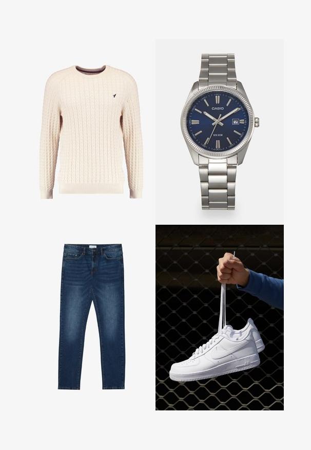 Krem pleteni pulover s dugim rukavima i okruglim izrezom. Ima rebraste manžete i donji rub, s malim izvezenim logom na prsima.; Tamno plave slim-fit traperice s izblijedjelim detaljima, klasičnog peto-džepnog dizajna, zatvaranjem na gumb i petljama za remen.; Bijele kožne tenisice s perforacijama, okruglim vrhom, ravnim potplatom i debelim vezicama, s vidljivim swoosh logom i natpisom "AIR" na peti.; Srebrni sat od nehrđajućeg čelika s tamnoplavim brojčanikom, metalnim oznakama sati i prozorom za datum na 3 sata. Vodootporan do 50 metara.