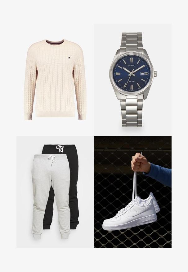 Suéter de ponto torcido em creme, com mangas longas e decote redondo. Apresenta punhos e bainha canelados, com um pequeno logótipo bordado no peito.; Duas pares de calças de jogging em tecido misto de algodão, nas cores cinza e preto. Apresentam uma cintura com cordão e tornozelos elásticos. Textura suave, design casual.; Sapatilhas de couro branco com perfurações, biqueira redonda, sola plana e atacadores grossos, apresentando um logotipo swoosh visível e "AIR" no calcanhar.; Relógio de pulso em aço inoxidável prateado com um mostrador azul-marinho, marcadores de horas metálicos e uma janela de data às 3 horas. À prova de água até 50 metros.