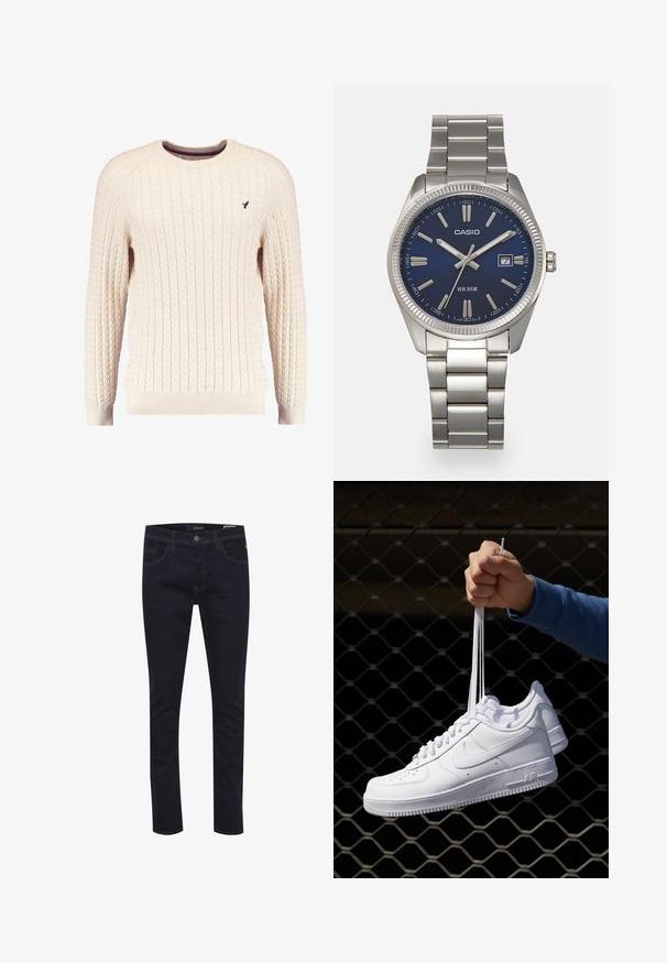 Suéter crema de punto trenzado con mangas largas y escote redondo. Presenta puños y dobladillo acanalados, con un pequeño logo bordado en el pecho.; Jeans de mezclilla azul oscuro, con cinco bolsillos, cremallera y costuras en contraste. Diseño ajustado con una textura suave.; Zapatillas de cuero blanco con perforaciones, punta redonda, suela plana y cordones gruesos, con un logo de swoosh visible y "AIR" en el talón.; Reloj de pulsera de acero inoxidable plateado con una esfera azul marina, marcadores horarios metálicos y una ventana de fecha a las 3 en punto. Resistente al agua hasta 50 metros.