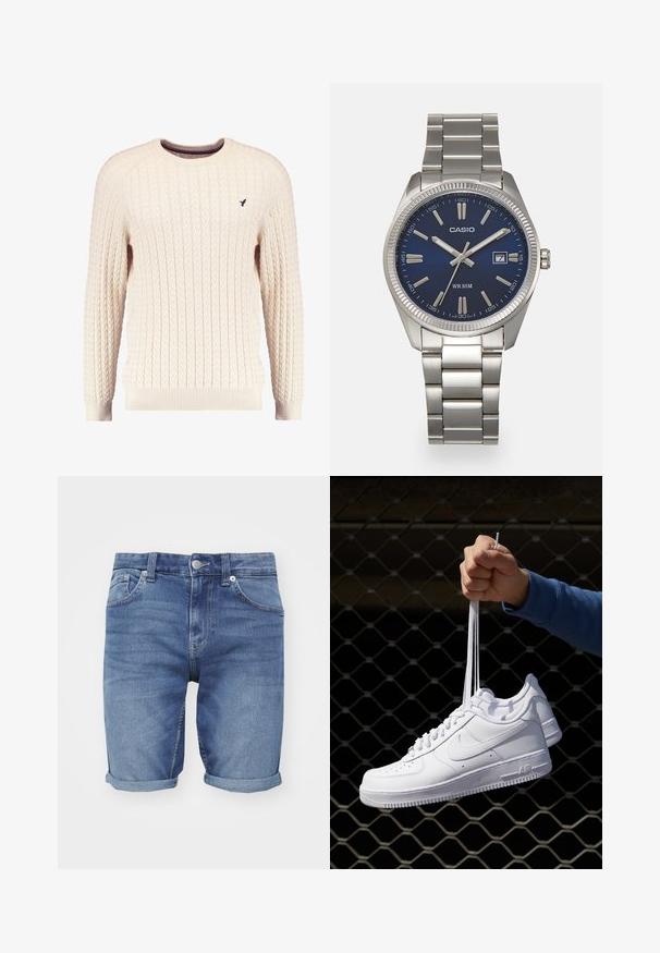 Kremowy sweter w splot kabelkowy z długimi rękawami i okrągłym dekoltem. Posiada ściągacze na mankietach i u dołu, a na piersi znajduje się małe wyszywane logo.; Jasnoniebieskie szorty dżinsowe. Posiadają klasyczny design z pięcioma kieszeniami, podwinięte mankiety oraz metalowe zapięcie na guzik w talii.; Białe skórzane sneakersy z perforacjami, okrągłym noskiem, płaską podeszwą i grubymi sznurówkami, z widocznym logo swoosh i napisem „AIR” na pięcie.; Srebrny zegarek na stalowej bransolecie z niebieską tarczą, metalowymi indeksami godzinowymi oraz okienkiem daty na godzinie 3. Wodoodporny do 50 metrów.
