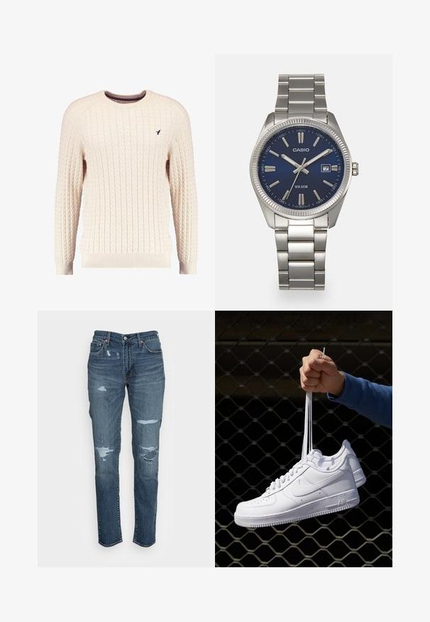 Kremfarget kabelstrikket genser med lange ermer og rund hals. Har ribbestrikkede mansjetter og kant, med en liten brodert logo på brystet.; Levi's® 511™ SLIM - Jeans slim fit - loved worn; Hvite skinnsneakers med perforeringer, rund tå, flat såle og tykke lisser, med en synlig swoosh-logo og "AIR" på hælen.; Sølv rustfritt stål armbåndsur med en marineblå urskive, metalliske timemarkører og et datovindu ved 3-tiden. Vanntett opptil 50 meter.