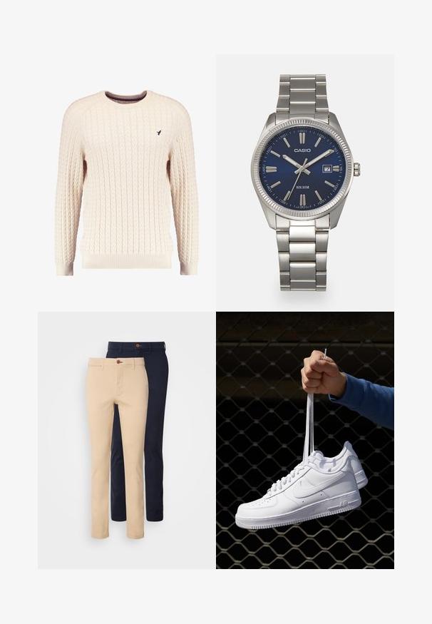 Cremefarvet kabelstrikket sweater med lange ærmer og rund hals. Har ribbede manchetter og kant, samt et lille broderet logo på brystet.; Chino bukser i beige og marineblå, med en tætsiddende pasform, glat bomuldsstof, for- lommer og knaplukning.; Hvide lædersneakers med perforeringer, rund tå, flad sål og tykke snørebånd, med et synligt swoosh-logo og "AIR" på hælen.; Sølv rustfrit stål urrem med en marineblå urskive, metallic timemarkører og et datovindue kl. 3. Vandafvisende op til 50 meter.