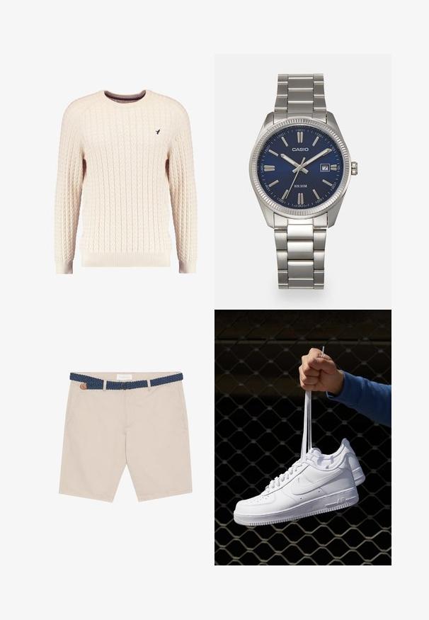 Romige kabelgebreide trui met lange mouwen en een ronde hals. Heeft ribgebreide manchetten en zoom, met een klein geborduurd logo op de borst.; Beige shorts met een geweven blauwe riem. Voorzien van voortassen, een bruin leren accent en een casual ontwerp dat geschikt is voor warm weer.; Witte leren sneakers met perforaties, ronde neus, vlakke zool en dikke veters, met een zichtbare swoosh-logo en "AIR" op de hiel.; Zilveren roestvrijstalen horloge met een marineblauwe wijzerplaat, metalen uurmarkeringen en een datumnis op 3 uur. Waterbestendig tot 50 meter.
