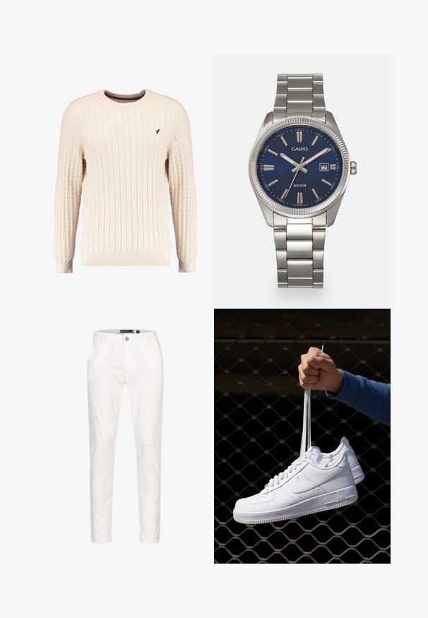 Maglione crema a trama cable con maniche lunghe e colletto tondo. Presenta polsini e orlo a costine, con un piccolo logo ricamato sul petto.; Pantaloni bianchi in cotone con design a gamba dritta, dotati di due tasche laterali e chiusura con un bottone, texture morbida e linee pulite.; Sneakers in pelle bianca con perforazioni, punta rotonda, suola piatta e lacci spessi, con logo swoosh visibile e "AIR" sul tallone.; Orologio da polso in acciaio inossidabile argento con quadrante blu navy, indici metallici e finestra della data alle 3. Resistente all'acqua fino a 50 metri.
