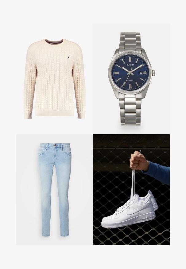Suéter de ponto torcido em creme, com mangas longas e decote redondo. Apresenta punhos e bainha canelados, com um pequeno logótipo bordado no peito.; INDICODE JEANS Calças de ganga justas - icy blue; Sapatilhas de couro branco com perfurações, biqueira redonda, sola plana e atacadores grossos, apresentando um logotipo swoosh visível e "AIR" no calcanhar.; Relógio de pulso em aço inoxidável prateado com um mostrador azul-marinho, marcadores de horas metálicos e uma janela de data às 3 horas. À prova de água até 50 metros.