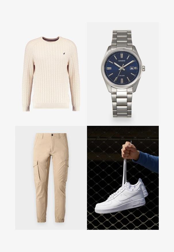 Cremefarvet kabelstrikket sweater med lange ærmer og rund hals. Har ribbede manchetter og kant, samt et lille broderet logo på brystet.; Beige cargobukser lavet af bomuld med flere sidelommer, elastiske manchetter og en let tilspidset pasform. Glat tekstur med syningsdetaljer.; Hvide lædersneakers med perforeringer, rund tå, flad sål og tykke snørebånd, med et synligt swoosh-logo og "AIR" på hælen.; Sølv rustfrit stål urrem med en marineblå urskive, metallic timemarkører og et datovindue kl. 3. Vandafvisende op til 50 meter.