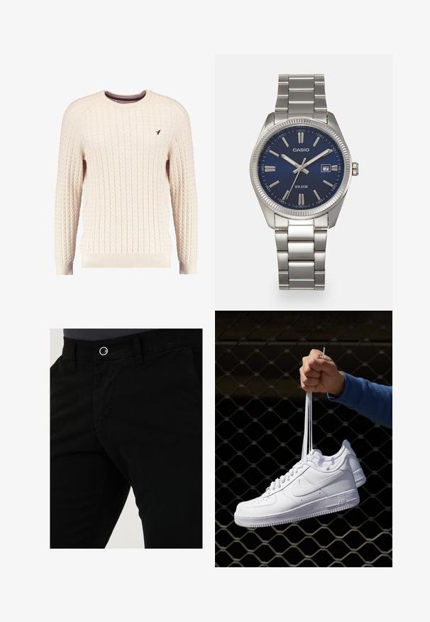 Krem pleteni pulover s dugim rukavima i okruglim izrezom. Ima rebraste manžete i donji rub, s malim izvezenim logom na prsima.; Crne pamučne hlače s uskim krojem, prednjim džepovima i jednim dugmetom za zatvaranje u struku. Glatka tekstura s minimalnim detaljima.; Bijele kožne tenisice s perforacijama, okruglim vrhom, ravnim potplatom i debelim vezicama, s vidljivim swoosh logom i natpisom "AIR" na peti.; Srebrni sat od nehrđajućeg čelika s tamnoplavim brojčanikom, metalnim oznakama sati i prozorom za datum na 3 sata. Vodootporan do 50 metara.
