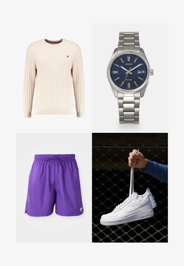 Krēmveida adīta džemperis ar garām piedurknēm un apaļu kakla izgriezumu. Tam ir ribota piedurkņu un apakšmalas apdare, kā arī neliels izsistais logotips uz krūšu daļas.; Violet peldbikses ar elastīgu jostasvīru un saistvadu. Iekļauj sānu šķēlumu un mazu balto logo apakšējā apmalē. Gluda tekstūra.; Baltas ādas sporta apavi ar perforācijām, apaļu purngali, plakanu zoli un biezām šņorēm, ar redzamu swoosh logo un vārdu "AIR" uz papēža.; Sudraba nerūsējošā tērauda rokas pulkstenis ar tumši zilu ciparnīcu, metalizētiem stundu rādītājiem un datuma logu pie pulksten 3. Ūdensizturīgs līdz 50 metriem.