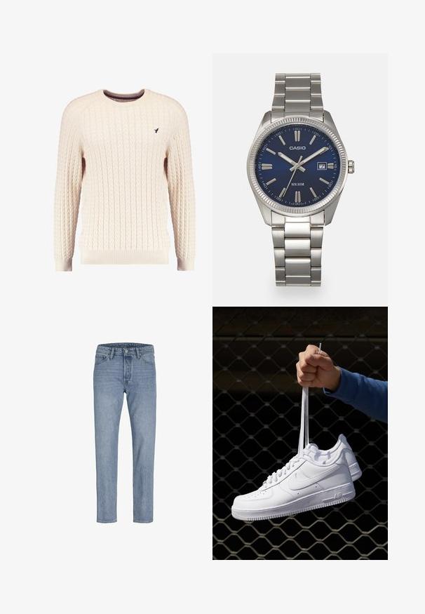 Suéter crema de punto trenzado con mangas largas y escote redondo. Presenta puños y dobladillo acanalados, con un pequeño logo bordado en el pecho.; Vaqueros de denim azul claro con corte recto, diseño de cinco bolsillos, costuras cosidas y cierre de botón en la cintura.; Zapatillas de cuero blanco con perforaciones, punta redonda, suela plana y cordones gruesos, con un logo de swoosh visible y "AIR" en el talón.; Reloj de pulsera de acero inoxidable plateado con una esfera azul marina, marcadores horarios metálicos y una ventana de fecha a las 3 en punto. Resistente al agua hasta 50 metros.