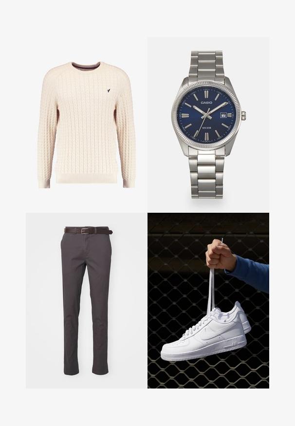 Kream pulover iz kabelskih pletenin z dolgimi rokavi in okroglo izrezom. Opremljen je z rebrastimi manšetami in robom ter s majhnim vezenim logotipom na prsih.; Sive bombažne hlače s oprijetim krojem, opremljene z rjavim usnjenim pasom in standardnimi žepi, zasnovane za sproščen videz.; Bela usnjena športna obutev s perforacijami, okroglo konico, ravnim podplatom in debelimi vezalkami, z vidnim logotipom smoosh in napisom "AIR" na peti.; Srebrna nerjaveča jeklena ura z modrim številčnico, kovinskimi kazalci ter oknom za datum na 3. uri. Vodoodporna do 50 metrov.