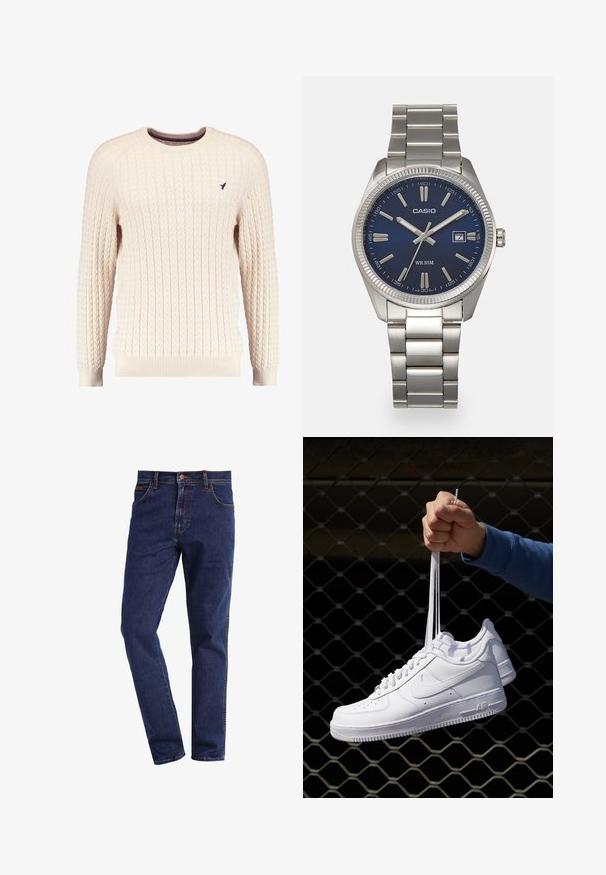 Krémový sveter s káblovým pletením, dlhé rukávy a okrúhly výstrih. Obsahuje rebrované manžety a lem, s malým vyšitým logom na hrudi.; Tmavomodré denimové nohavice rovného strihu s prednými vrecami, zapínaním na gombík, pútkami na opasok a viditeľným prešívaním.; Biele kožené tenisky s perforáciami, okrúhlou špičkou, plochou podrážkou a hrubými šnúrkami, pričom majú viditeľné logo swoosh a nápis "AIR" na päte.; Strieborné nerezové hodinky s modrým ciferníkom, kovovými hodinovými značkami a dátumovým oknom na 3. hodine. Vodotesné do hĺbky 50 metrov.