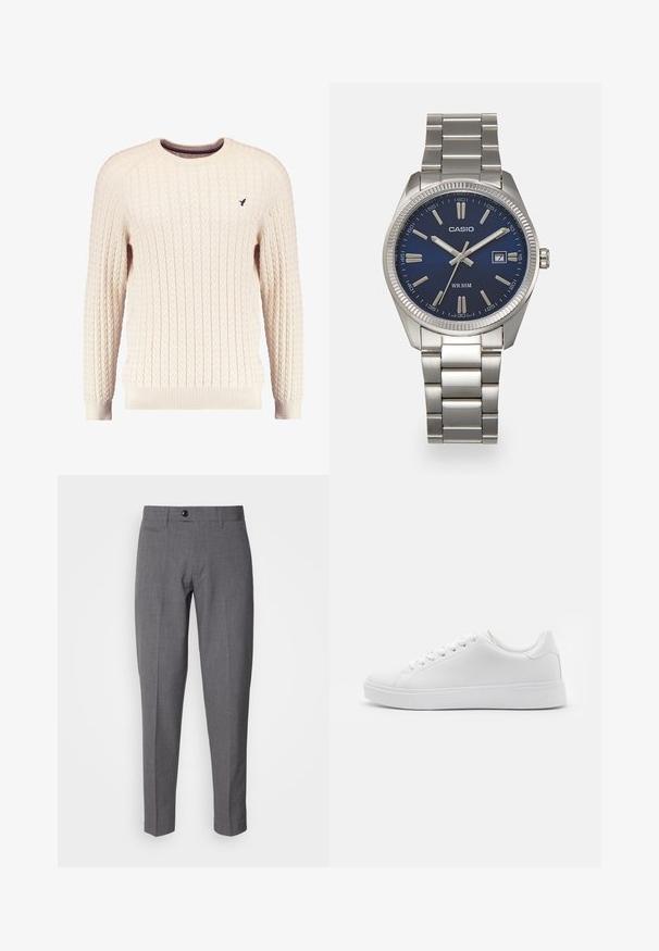 Kream pulover iz kabelskih pletenin z dolgimi rokavi in okroglo izrezom. Opremljen je z rebrastimi manšetami in robom ter s majhnim vezenim logotipom na prsih.; Sive prilagojene hlače z gladko teksturo, ki imajo enojno zapiranje na gumb, sprednje žepe in slim fit dizajn.; Beli copati z gladkim sintetičnim zgornjim delom, okroglim nosom, šestimi odprtinami za vezalke in nizkoprofilno gumijasto podplatom z teksturiranim detajlom.; Srebrna nerjaveča jeklena ura z modrim številčnico, kovinskimi kazalci ter oknom za datum na 3. uri. Vodoodporna do 50 metrov.