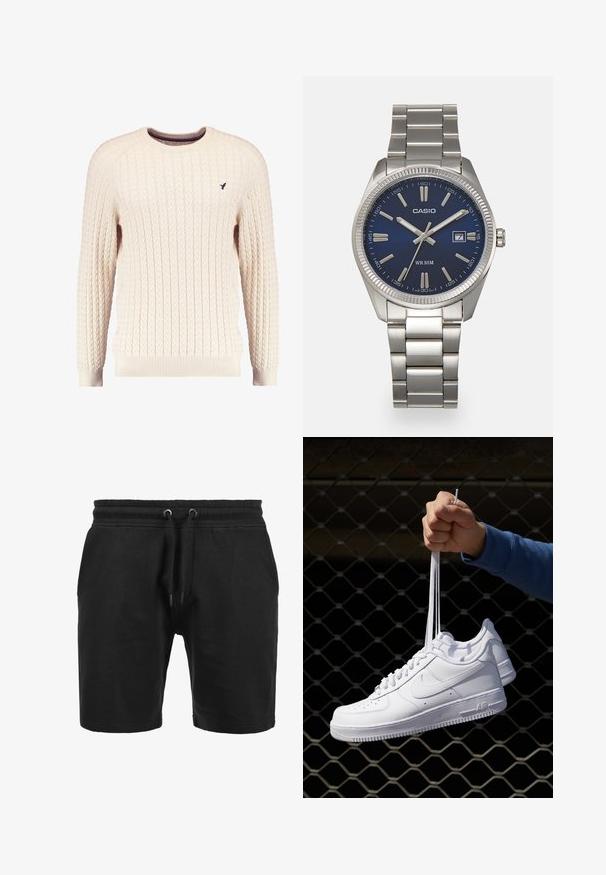 Tejkrém színű kötött pulóver hosszú ujjal és kerek nyakkivágással. Elnyújtott mandzsetták és szegély, az elején egy kis hímzett logóval.; Fekete, texturált anyagból készült rövidnadrág. Jellemzője az elasztikus derékpánt húzózsinórral, valamint oldalzsebekkel. Egyszerű, egyenes vonalú dizájn.; Fehér bőr sportcipők perforációval, kerek orral, lapos talppal és vastag fűzőkkel, látható swoosh logóval és "AIR" felirattal a sarokrészen.; Ezüst színű rozsdamentes acél karóránk sötétkék számlapja van, fém óraszámlálókkal és egy dátumablakkal a 3 órás pozícióban. 50 méterig vízálló.