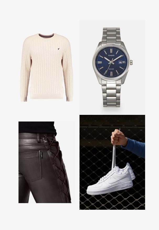 Cremfarbener Kabelle-Strickpullover mit langen Ärmeln und Rundhalsausschnitt. Mit gerippten Bündchen und Saum sowie einem kleinen gestickten Logo auf der Brust.; Braune Lederhose mit einem geschnürten Seitendesign aus braunem Kord. Enthält eine Gesäßtasche mit einem schwarzen Etikett. Glatte Textur.; Weiße Leder-Sneaker mit Perforationen, runder Zehenpartie, flacher Sohle und dicken Schnürsenkeln, mit sichtbar eingesticktem Swoosh-Logo und "AIR" an der Ferse.; Silberner Armbanduhr aus Edelstahl mit einem dunkelblauen Zifferblatt, metallischen Stundenmarkierungen und einem Datumsfenster bei 3 Uhr. Wasserdicht bis 50 Meter.