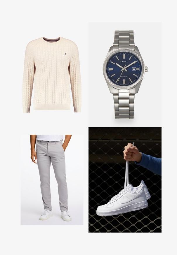 Krémový svetr s kabelovým pletením, dlouhými rukávy a kulatým výstřihem. Obsahuje pružné manžety a spodní lem, s malou vyšitou nášivkou na hrudi.; Světle šedé kalhoty vyrobené z hladké tkaniny, se slim fit střihem, předními kapsami a standardním pasem s uzavíráním na knoflík. Nosené s bílými teniskami.; Bílé kožené tenisky s perforacemi, kulatou špičkou, plochou podrážkou a silnými tkaničkami, které mají viditelné logo swoosh a nápis "AIR" na patě.; Stříbrný nerezový náramkový hodinky s navy modrým ciferníkem, kovovými hodinovými značkami a oknem pro datum na hodině 3. Vodotěsné do 50 metrů.