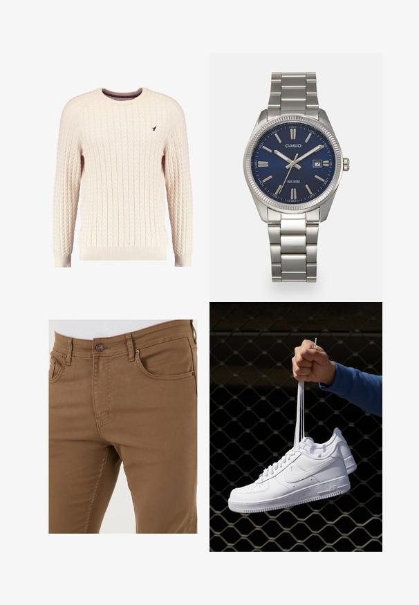 Krem pleteni pulover s dugim rukavima i okruglim izrezom. Ima rebraste manžete i donji rub, s malim izvezenim logom na prsima.; Smeđe pamučne hlače s uskim krojem, pet džepova i metalnim dugmetom na pojasu. Glatka tekstura, izdržljiv materijal.; Bijele kožne tenisice s perforacijama, okruglim vrhom, ravnim potplatom i debelim vezicama, s vidljivim swoosh logom i natpisom "AIR" na peti.; Srebrni sat od nehrđajućeg čelika s tamnoplavim brojčanikom, metalnim oznakama sati i prozorom za datum na 3 sata. Vodootporan do 50 metara.